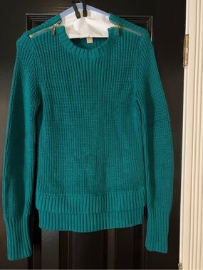 Michael Kors Teal Ribbed Crewneck Sweater with Gold Shoulder Zippers